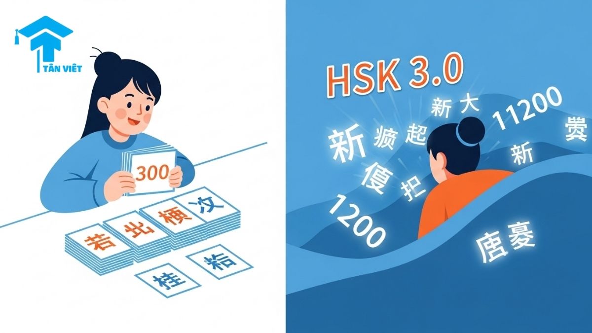A split-screen illustration comparing the HSK 2.0 vocabulary list of 300 words to the larger HSK 3.0 list of 1272 words, showing a student preparing for the Chinese test and navigating the new standards.