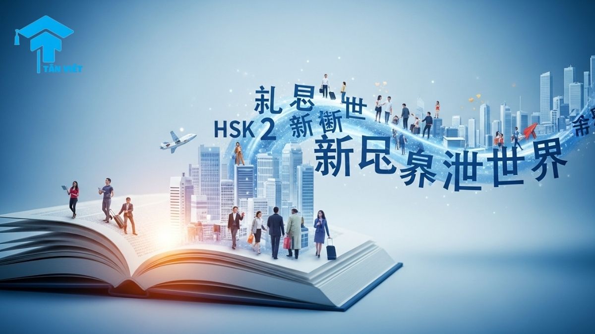 An open book releases a stream of HSK 2 vocabulary, forming a city scene to illustrate how learning the HSK 2 word list expands Chinese communication abilities for the new HSK 3.0 standard.