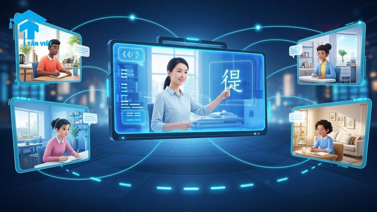 Khóa Học Tiếng Trung Online 2025: Đánh Giá & So Sánh (HSK, Giao tiếp) 2 A diverse group of students in a virtual classroom learning from a teacher on a large screen, representing the interactive and global nature of a high-quality online Chinese class from a reputable center.