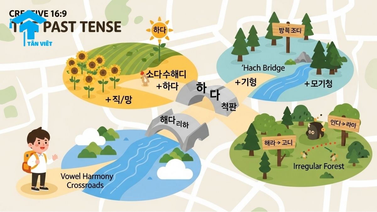 Thì Quá Khứ Trong Tiếng Hàn: Cách Chia Động Từ & Tính Từ (-았/었/였) 3 A map-style infographic showing the learning path for the Korean past tense. It visualizes vowel harmony rules for -았/었/였-, the 하다 to 했어요 transformation, and the challenges of irregular verbs. A creative Korean grammar chart.