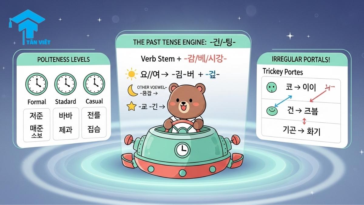 Thì Quá Khứ Trong Tiếng Hàn: Cách Chia Động Từ & Tính Từ (-았/었/였) 2 Infographic explaining the Korean past tense using a cute bear in a time machine. It details the -았/었/였- conjugation rule, politeness levels (-습니다, -어요, -어), and common irregular verbs. A visual guide for learning Korean grammar.