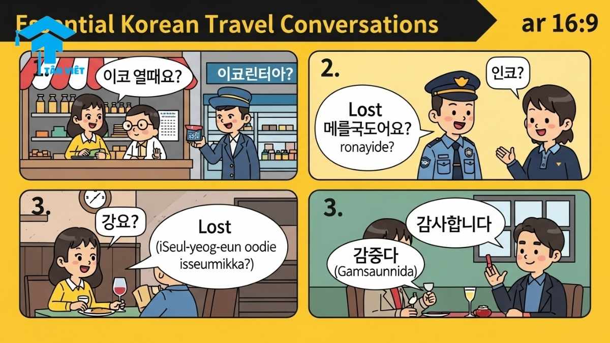 100+ Từ Vựng Tiếng Hàn Du Lịch Cần Thiết Nhất (Có Phiên Âm) 3 A webtoon-style infographic teaching essential Korean travel phrases. Shows a cute tourist in various scenes asking common questions like 'How much is it?' (얼마예요?) and 'Where is it?' (어디에 있습니까?), and saying 'Thank you' (감사합니다). A practical guide for tourists to learn basic Korean conversation.