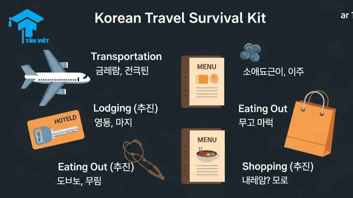 100+ Từ Vựng Tiếng Hàn Du Lịch Cần Thiết Nhất (Có Phiên Âm) 2 A modern flat lay infographic titled 'Korean Travel Survival Kit' for learning essential Korean vocabulary. Features cute icons for Transportation (교통), Lodging (숙박), Eating Out (식사), and Shopping (쇼핑), each with key Korean words in Hangul and romanization. An organized visual for beginners learning Korean for a trip.