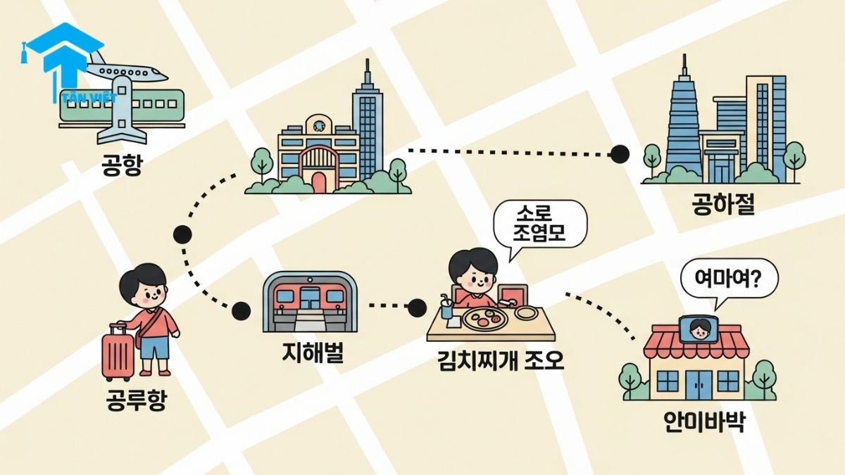 100+ Từ Vựng Tiếng Hàn Du Lịch Cần Thiết Nhất (Có Phiên Âm) 1 An infographic map illustrating essential Korean travel vocabulary for a journey through Seoul. A cute cartoon tourist is shown at the airport (공항), subway (지하철), a restaurant, and shopping, with key Korean phrases like '얼마예요?' in speech bubbles. A helpful visual guide for tourists learning essential Korean words and common phrases for communication.