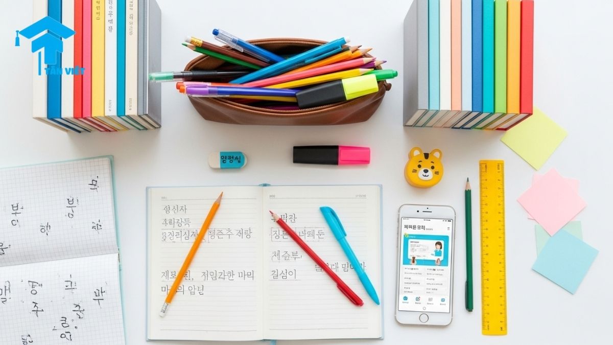 Từ Vựng Tiếng Hàn về Dụng Cụ Học Tập: Tổng Hợp A-Z (Kèm Ví Dụ) 1 Bố cục phẳng sáng tạo trên bàn trắng với sách giáo khoa tiếng Hàn, vở mở, hộp bút chì màu, bút bi, bút nhớ dòng, tẩy hình thú, thước kẻ vàng và điện thoại hiển thị ứng dụng học tiếng Hàn cùng giấy nhớ.
