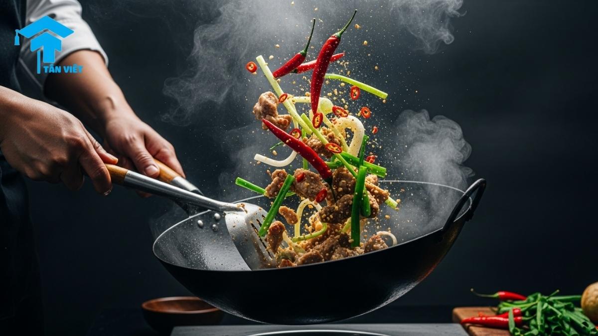 500+ Từ Vựng Nấu Ăn Tiếng Trung (Pinyin): Dụng Cụ, Nguyên Liệu, Món Ăn 2 Hình ảnh minh họa kỹ thuật chế biến (烹饪技巧) trong nấu ăn tiếng Trung, với động từ xào (炒) tạo ra một sự bùng nổ hương vị (味道), giúp người học hình dung rõ hơn về các thuật ngữ hành động.