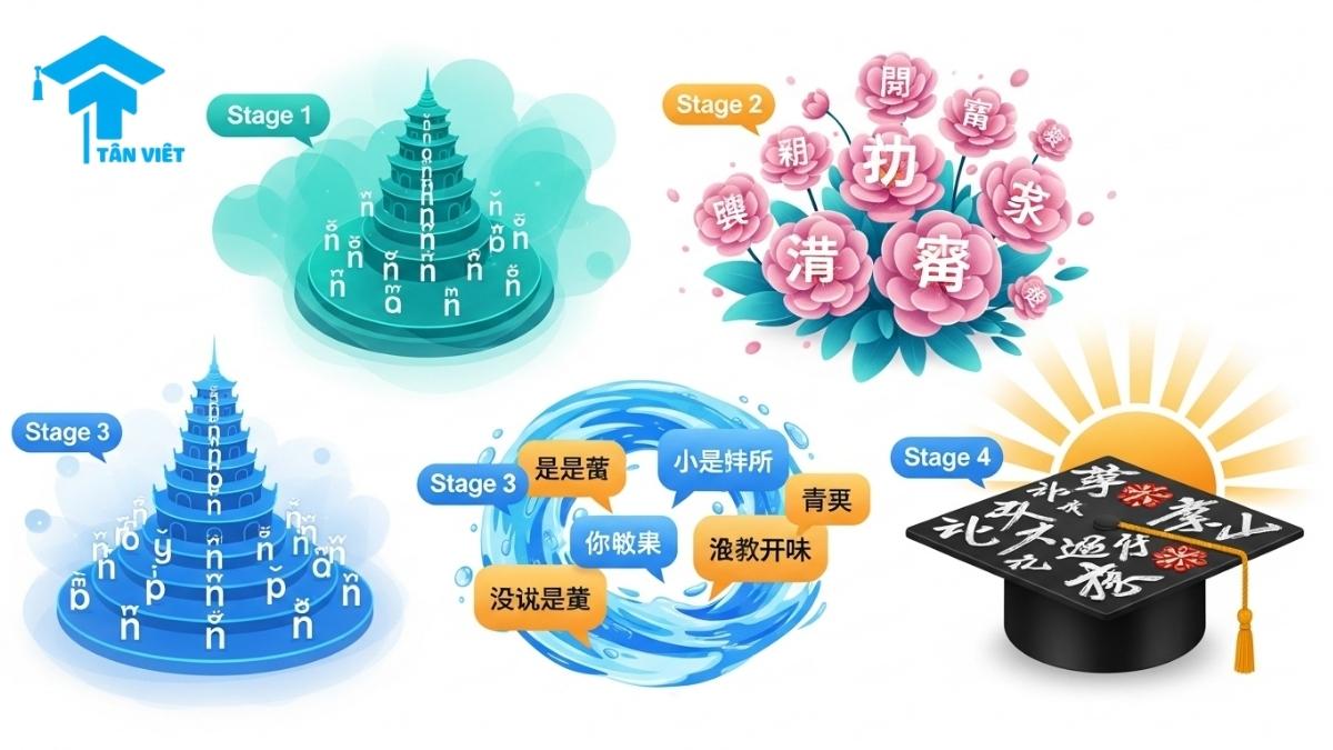 Cách Học Tiếng Trung Hiệu Quả: Lộ Trình Toàn Diện 4 Giai Đoạn Cho Người Mới Bắt Đầu 1 Four stages of learning Chinese: foundation (Pinyin), vocabulary (characters), communication (phrases), and achievement (graduation). #LearnChinese #ChineseLearningJourney #EffectiveLearning #LanguageAcquisition #Pinyin #ChineseCharacters