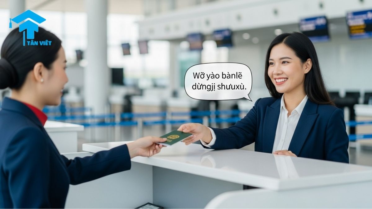 Từ Vựng Tiếng Trung Du Lịch: Cẩm Nang A-Z Cho Mọi Chuyến Đi 2 A 16:9 image of a tourist confidently checking in at a Chinese airport, using essential Mandarin travel vocabulary. This illustrates a practical situation from a guide on Chinese phrases for airport and hotel situations.