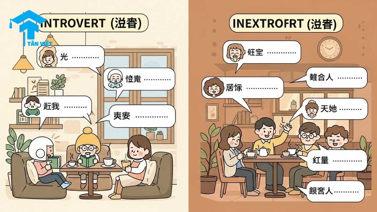Từ Vựng Tiếng Trung về Tính Cách: Toàn Tập A-Z & Phân Tích Chuyên Sâu 3 A cute Korean cafe infographic explaining Chinese vocabulary for introvert (内向) and extrovert (外向) personalities, based on MBTI types. A fun way to learn Chinese words for social traits, communication styles, and character analysis.