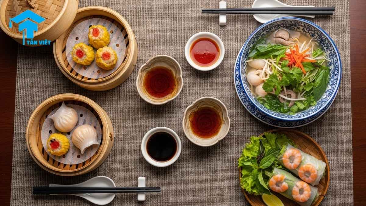 500+ Từ Vựng Nấu Ăn Tiếng Trung (Pinyin): Dụng Cụ, Nguyên Liệu, Món Ăn 3 Bàn ăn trình bày các món ăn Trung Quốc (中国菜) như sủi cảo và món ăn Việt Nam (越南菜) như phở, giúp người học nắm vững từ vựng tên gọi các món ăn để giao tiếp hiệu quả.