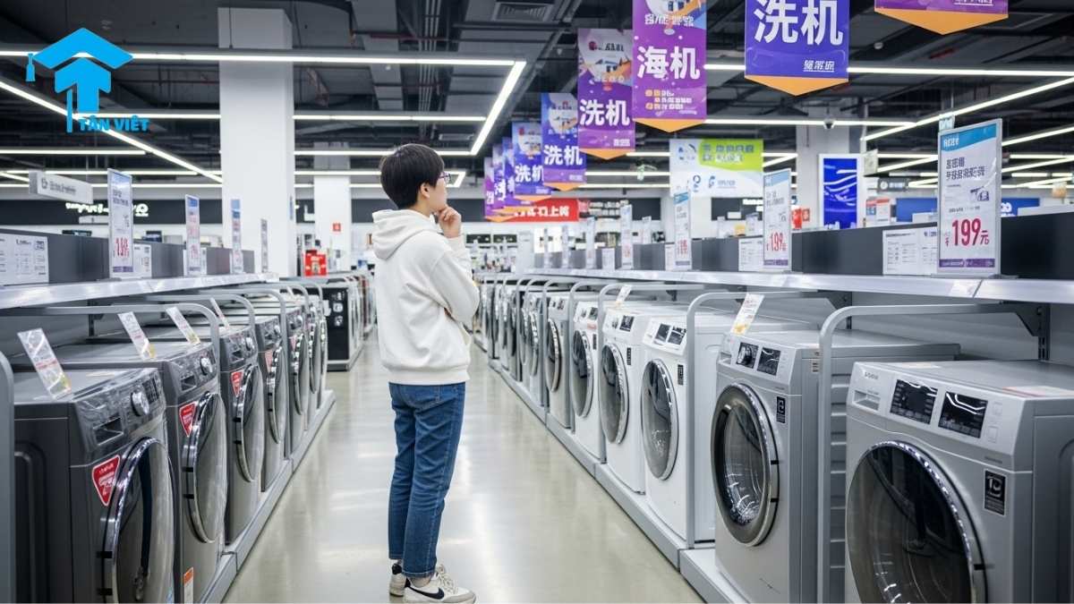 Từ Vựng Tiếng Trung Về Đồ Gia Dụng (Gia Dụng, Nội Thất, Thiết Bị) 3 A person shopping for household appliances in a Chinese store, illustrating the practical use of Chinese vocabulary for household items (từ vựng tiếng Trung đồ gia dụng). The scene includes washing machines (洗衣机 - xǐyījī) and TVs (电视 - diànshì), relevant for real-life communication and shopping (购物 - gòuwù).
