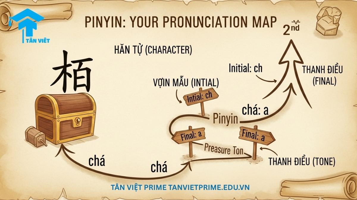 Hình ảnh minh họa Pinyin như một bản đồ kho báu, mô tả con đường phiên âm "chá" dẫn đến chữ Hán "茶" (Trà) để làm rõ vai trò của Pinyin trong việc hướng dẫn phát âm. Giúp việc học Hán tự trở nên trực quan và thú vị.