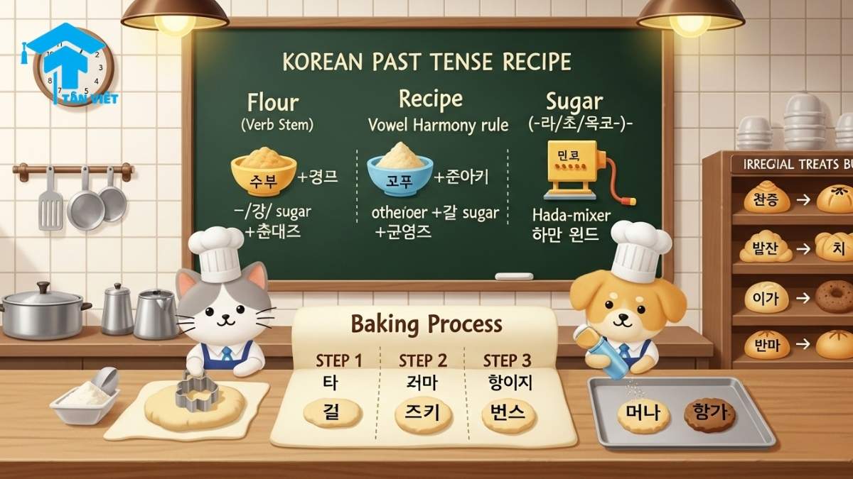 Thì Quá Khứ Trong Tiếng Hàn: Cách Chia Động Từ & Tính Từ (-았/었/였) 1 Cute infographic illustrating Korean past tense conjugation with a bakery theme. Cat and dog chefs show how to add -았/었/였어요 to verb stems, following vowel harmony rules. A fun way to learn Korean grammar for beginners.