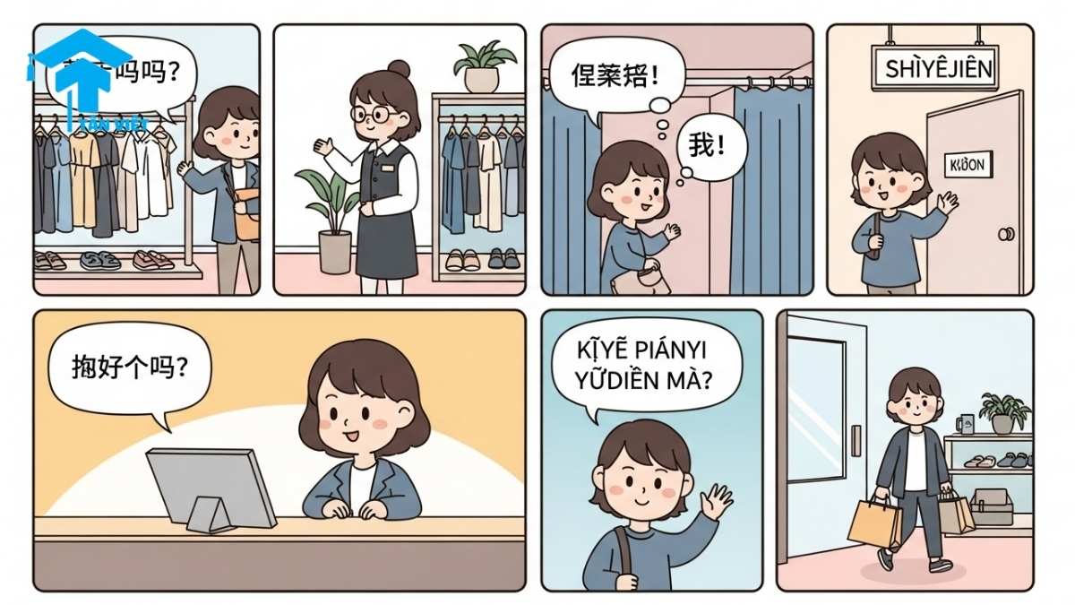 Từ Vựng Tiếng Trung Chủ Đề Quần Áo: 150+ Từ Về Trang Phục, Giày Dép A-Z 3 A comic strip infographic illustrating a shopping dialogue in Chinese for buying clothes. The visual guide covers key phrases like asking for the price (多少钱), trying on clothes (试穿), and bargaining, providing practical vocabulary for real-life situations in China