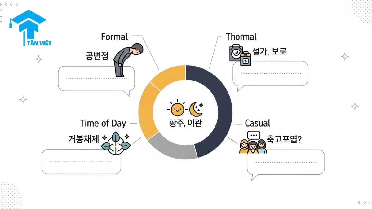 A helpful infographic wheel organizing different ways to say hello in Chinese, from the formal 'Nín hǎo' (您好) to time-based greetings and casual questions. A guide to situational Chinese greetings and HSK vocabulary for daily conversation.