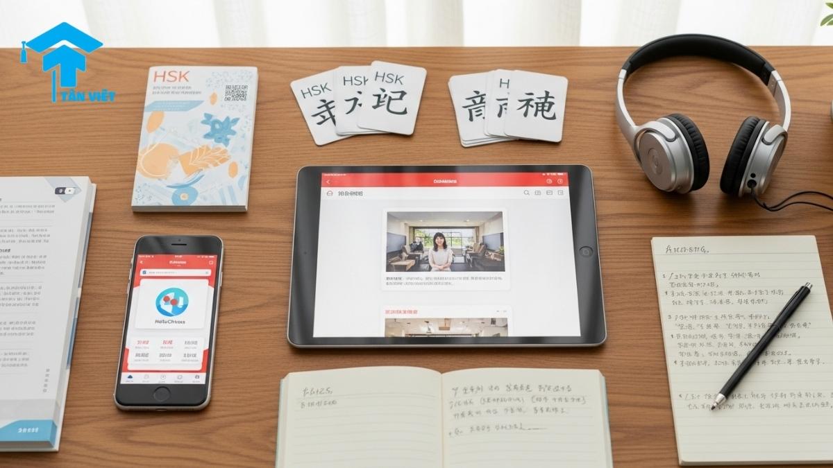 Khóa Học Tiếng Trung Online 2025: Đánh Giá & So Sánh (HSK, Giao tiếp) 3 A flat lay of essential tools and resources for success in an online Chinese course, including a tablet, a smartphone with a learning app, HSK study materials, and a textbook.
