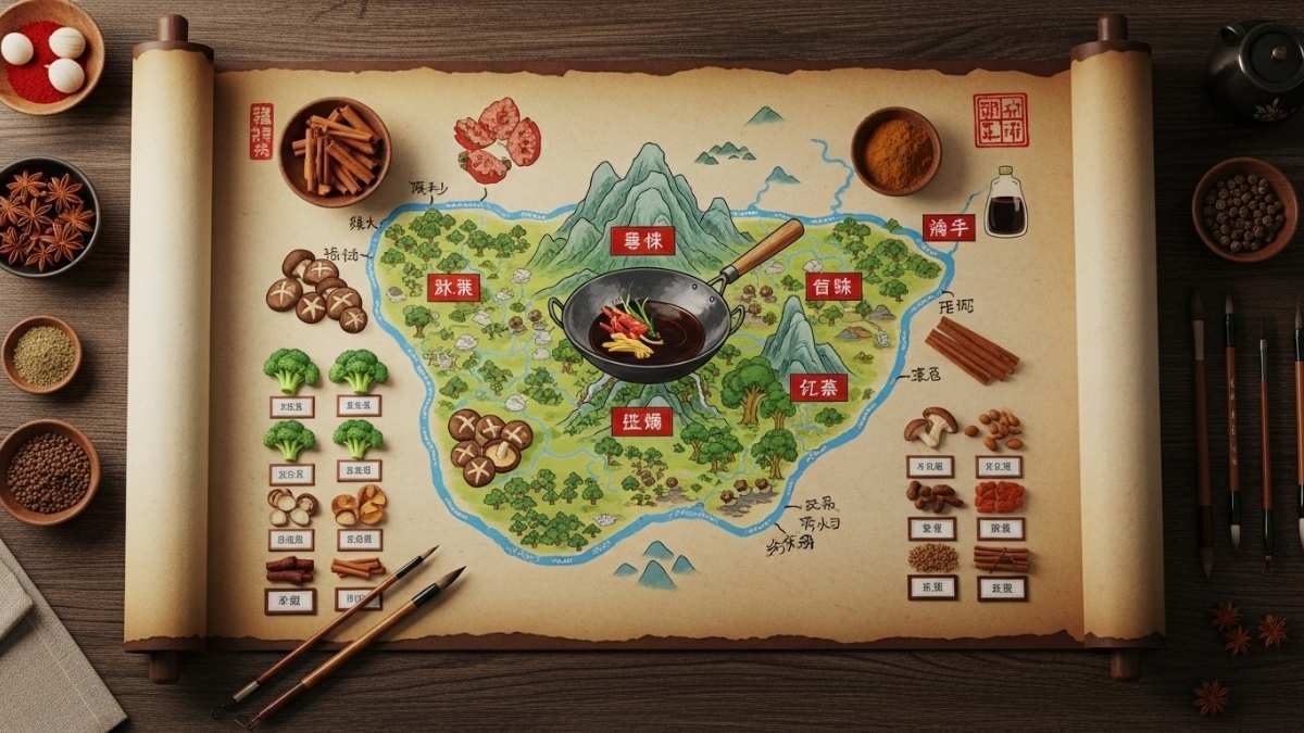 500+ Từ Vựng Nấu Ăn Tiếng Trung (Pinyin): Dụng Cụ, Nguyên Liệu, Món Ăn 1 Bản đồ sáng tạo về từ vựng nấu ăn tiếng Trung, minh họa các dụng cụ nhà bếp (厨房用具), nguyên liệu (食材), và gia vị (调料), giúp người học khám phá thế giới ẩm thực Trung Hoa một cách trực quan.