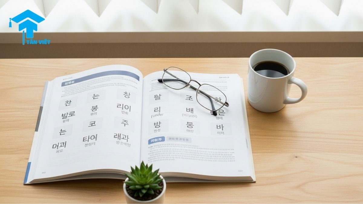 Từ Vựng Vị Trí Tiếng Hàn (위, 아래, 옆): Cách Dùng -에, -에서 & Ví Dụ 1 A flat lay image of a study desk showing how to learn Korean vocabulary for location (từ vựng tiếng Hàn chỉ vị trí). A textbook is open, with a coffee mug next to it (옆), glasses on it (위), and a plant in front of it (앞), illustrating words like trên, dưới, trước, sau.