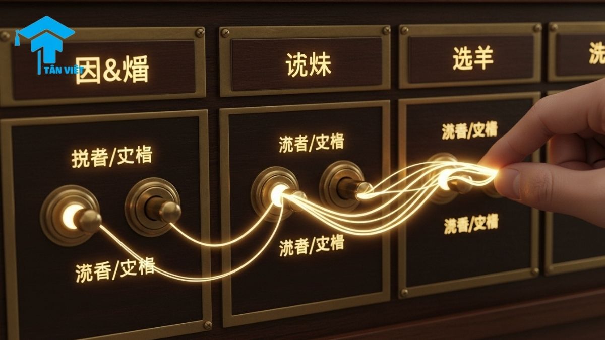 A control panel visualizing different types of Chinese conjunctions (连词), such as cause-and-effect (因果) and contrast (转折), to explain their specific functions in Chinese sentence structure.