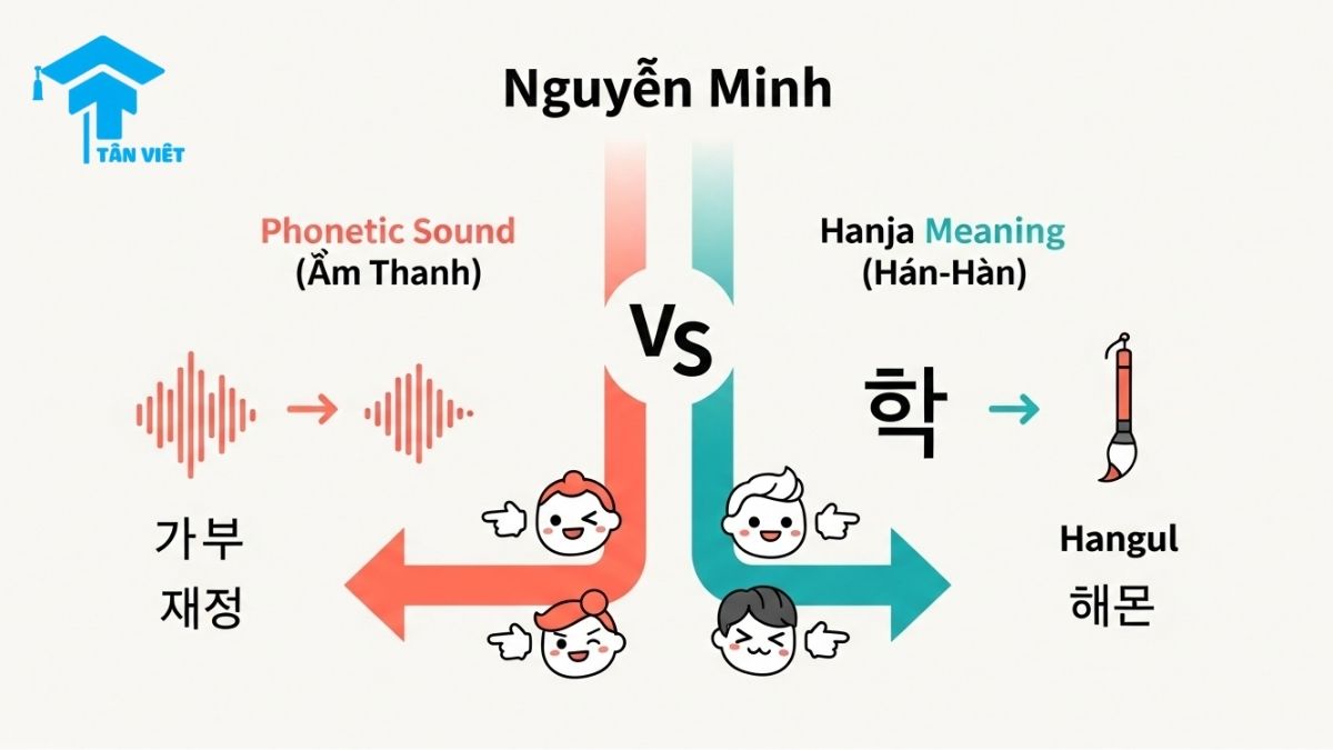 Dịch Tên Tiếng Việt Sang Tiếng Hàn: Hướng Dẫn Toàn Tập & 500+ Tên Mẫu | Tân Việt Prime 2 Infographic comparing the two methods for Vietnamese to Korean name conversion: phonetic transcription vs. Sino-Korean Hanja reading. The example 'Nguyễn Minh' is converted to '응우옌 민' (sound) and '원명' (meaning). This visual explains the different outcomes for a Vietnamese name in Hangul, created by Tan Viet Prime.