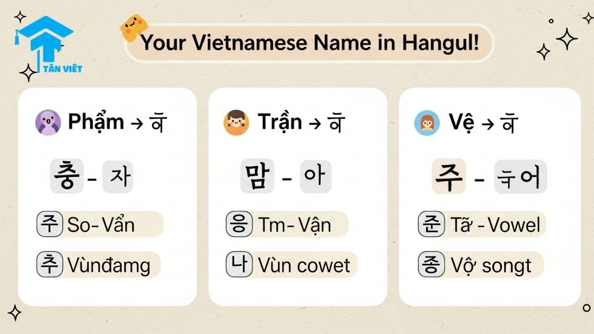 Dịch Tên Tiếng Việt Sang Tiếng Hàn: Hướng Dẫn Toàn Tập & 500+ Tên Mẫu | Tân Việt Prime 3 A cute, modern infographic chart showing the rules for converting Vietnamese names to Korean Hangul. It features examples like 'Phạm', 'Trần', and 'Vũ' with their phonetic equivalents. This guide helps with the pronunciation and transcription of common Vietnamese surnames for learners, provided by Tan Viet Prime.