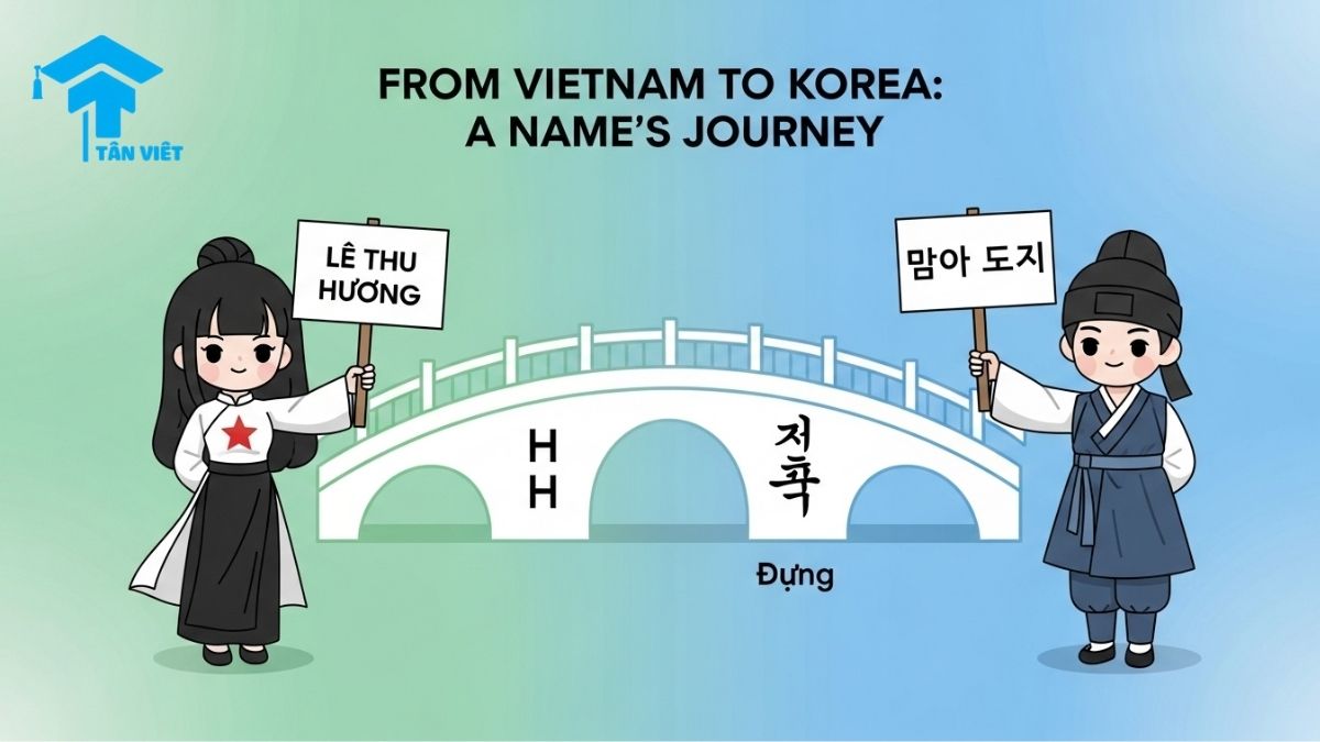 Dịch Tên Tiếng Việt Sang Tiếng Hàn: Hướng Dẫn Toàn Tập & 500+ Tên Mẫu | Tân Việt Prime 1 A 16:9 infographic illustrating Vietnamese to Korean name translation, showing a cute character transforming the name 'Lê Thu Hương' into Hangul '레 투 흐엉' across a cultural bridge. This image explains the phonetic transcription rules for Vietnamese names and is a visual guide from Tan Viet Prime for learning Hangul pronunciation