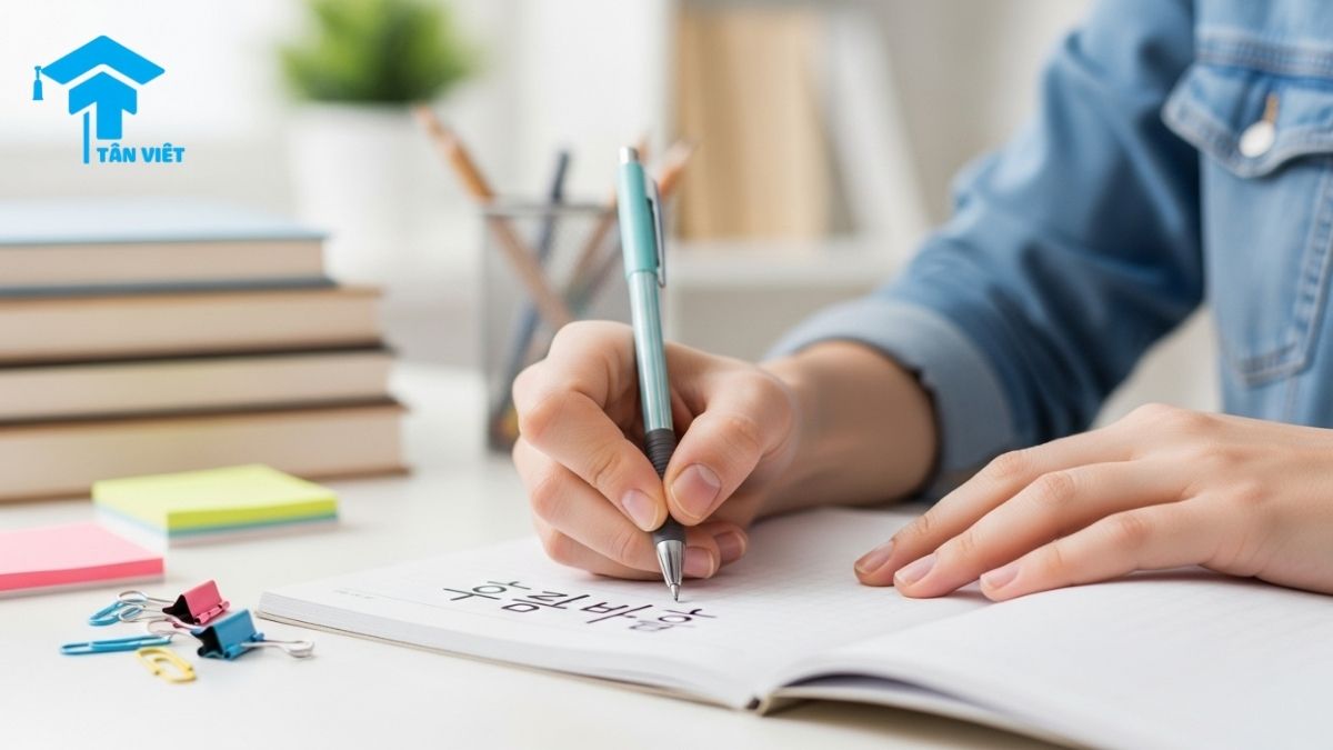 Từ Vựng Tiếng Hàn về Dụng Cụ Học Tập: Tổng Hợp A-Z (Kèm Ví Dụ) 2 Cận cảnh bàn tay người trẻ tuổi đang viết chữ Hangul tiếng Hàn vào vở bằng bút màu, phía sau mờ ảo là không gian học tập hiện đại với sách học tiếng Hàn, giấy nhớ và kẹp giấy màu.