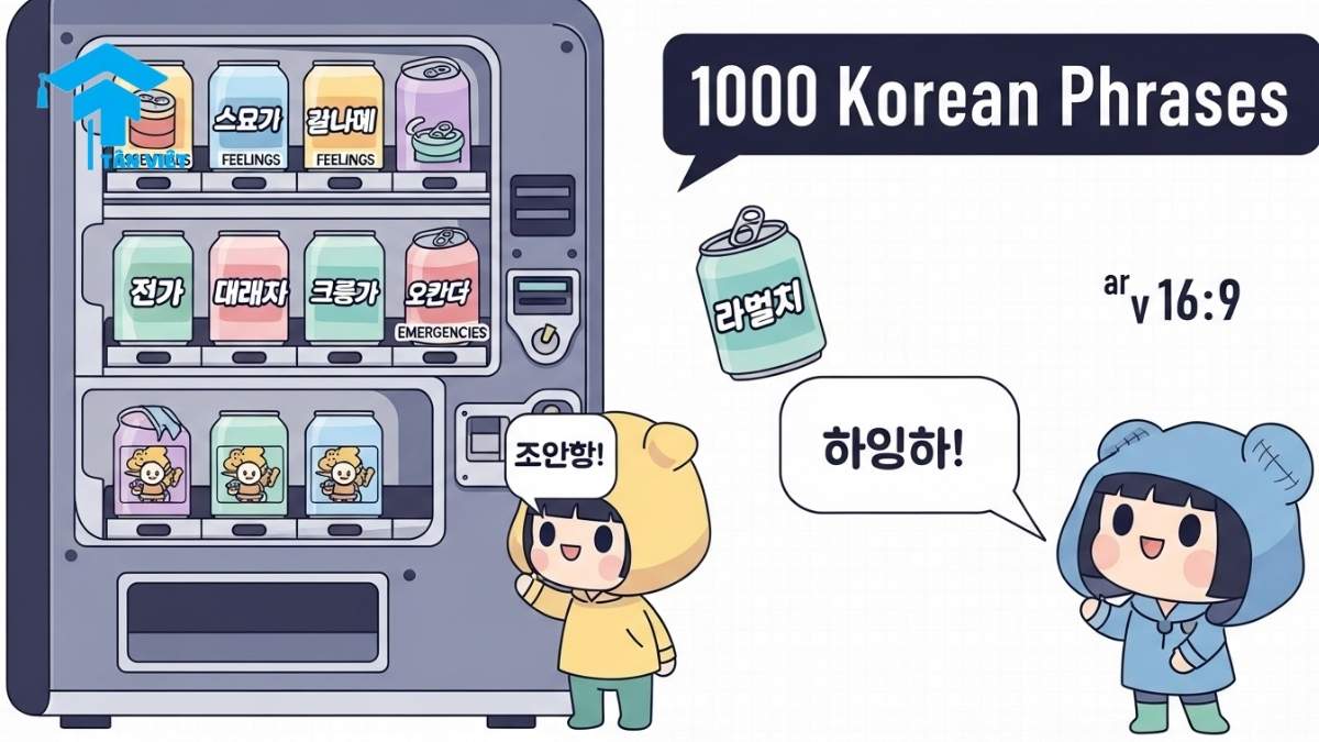 A fun infographic of a vending machine that dispenses 1000 common Korean sentences categorized by topic. This creative guide helps beginners learn basic Korean phrases for everyday situations, making the process of studying Korean engaging and memorable. Keywords: 1000 common Korean sentences, basic Korean phrases, learn Korean.