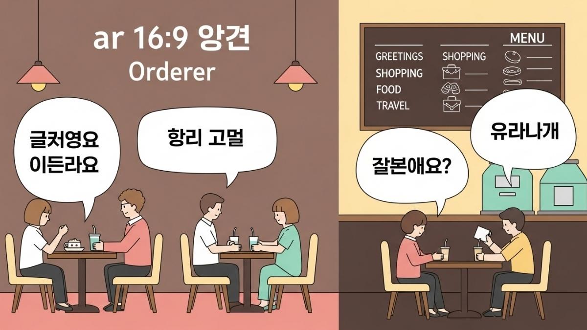An infographic of a Korean cafe illustrating 1000 common Korean phrases for daily conversation. This guide from Tân Việt Prime helps beginners learn Korean for travel and basic interactions, covering essential topics and phrases for Vietnamese learners. Keywords: common Korean phrases, daily Korean conversation, learn Korean for Vietnamese.