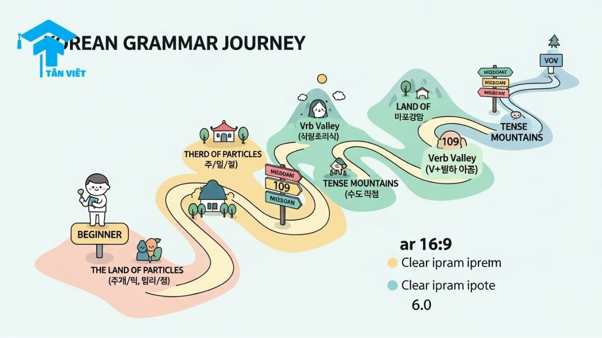 An infographic roadmap detailing 109 Korean grammar structures for beginners. This visual guide from Tân Việt Prime shows a cute character's journey through essential grammar points, providing a clear path to learn Korean and prepare for the TOPIK 1-2 exam. Keywords: beginner Korean grammar, learn Korean, TOPIK 1-2 grammar guide.