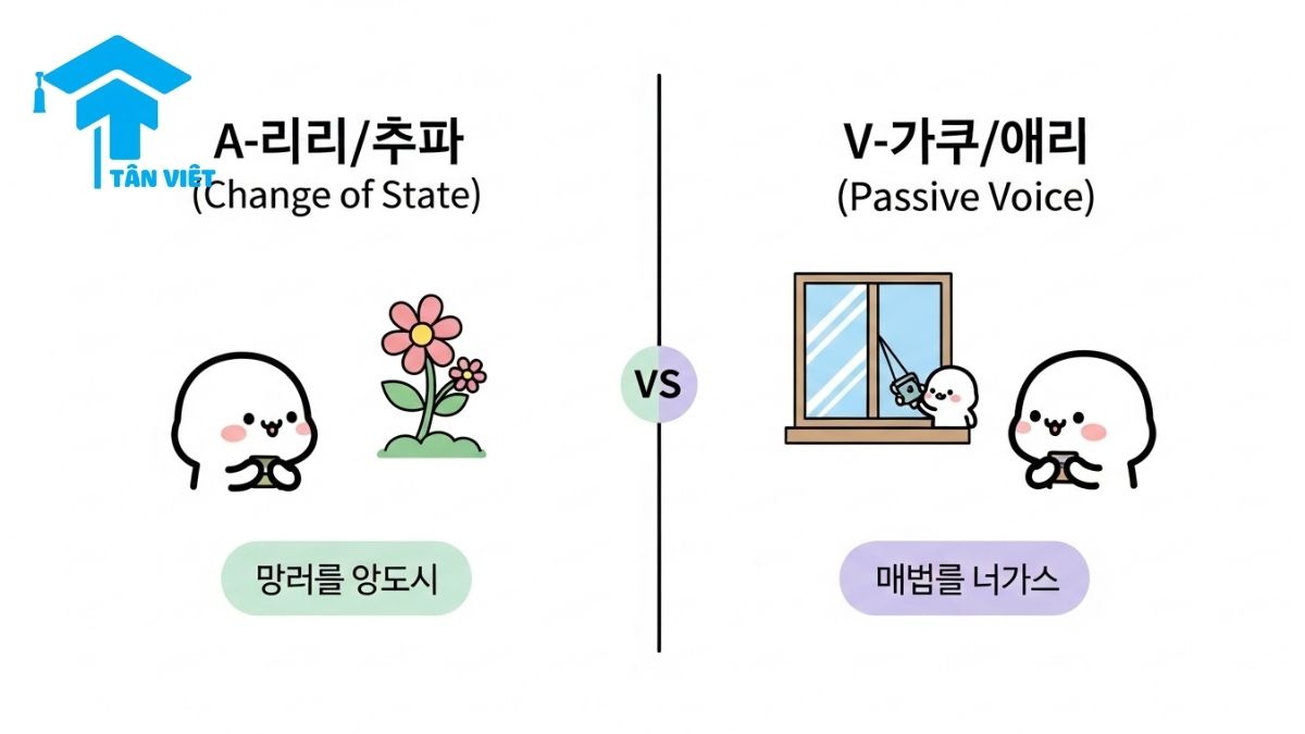 Ngữ pháp A-아/어지다: Toàn tập cách dùng 'trở nên' & Phân biệt A-Z 4 Comparison infographic clearly explaining the difference between Korean grammar A-아/어지다 (change of state) and V-아/어지다 (passive voice). This visual guide uses examples with cute characters to show when to use each rule with adjectives versus verbs, a key concept for intermediate learners.