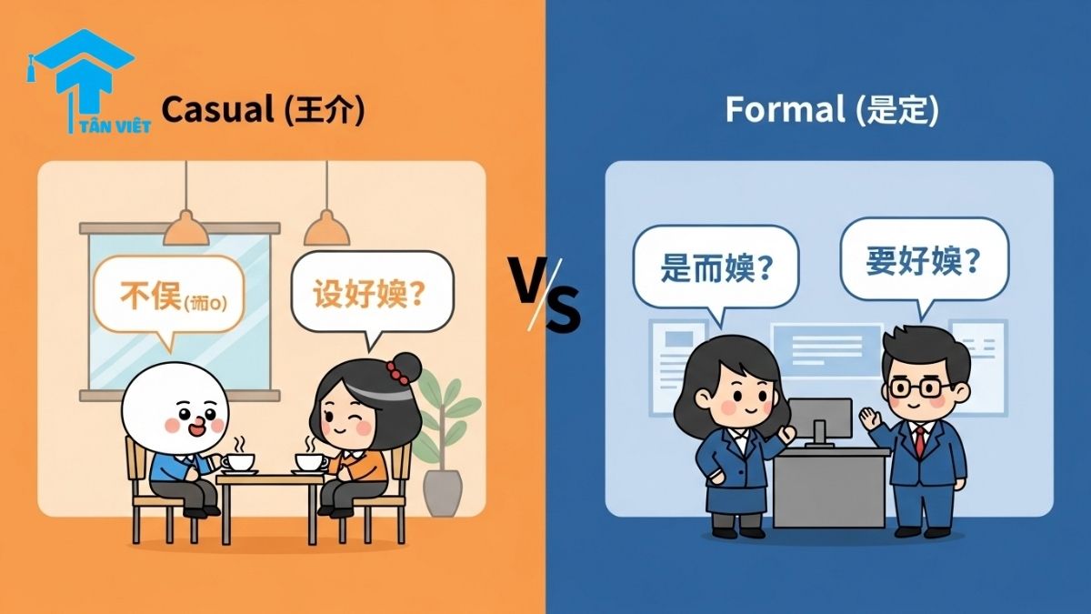 Giới Thiệu Bản Thân Bằng Tiếng Trung: Hướng Dẫn Toàn Diện Từ A-Z 2 Infographic comparing formal vs casual Chinese introductions for different situations like meeting friends versus a job interview. This guide explains Chinese etiquette with Pinyin examples for phrases like 'Nǐ hǎo' vs. 'Nín hǎo', created by Tan Viet Prime.