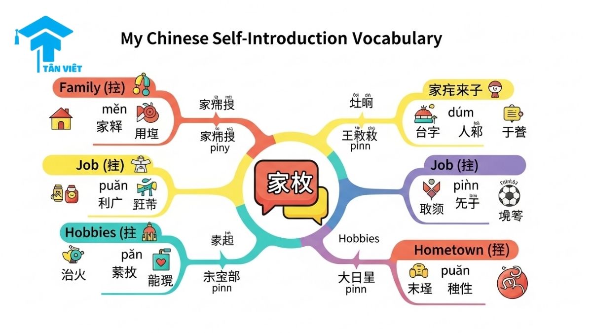 Giới Thiệu Bản Thân Bằng Tiếng Trung: Hướng Dẫn Toàn Diện Từ A-Z 3 A colorful vocabulary mind map infographic for introducing yourself in Chinese. It covers essential words for family, job, hobbies, and hometown, with both Hanzi and Pinyin. This chart is a helpful resource from Tan Viet Prime for learning basic Chinese vocabulary.