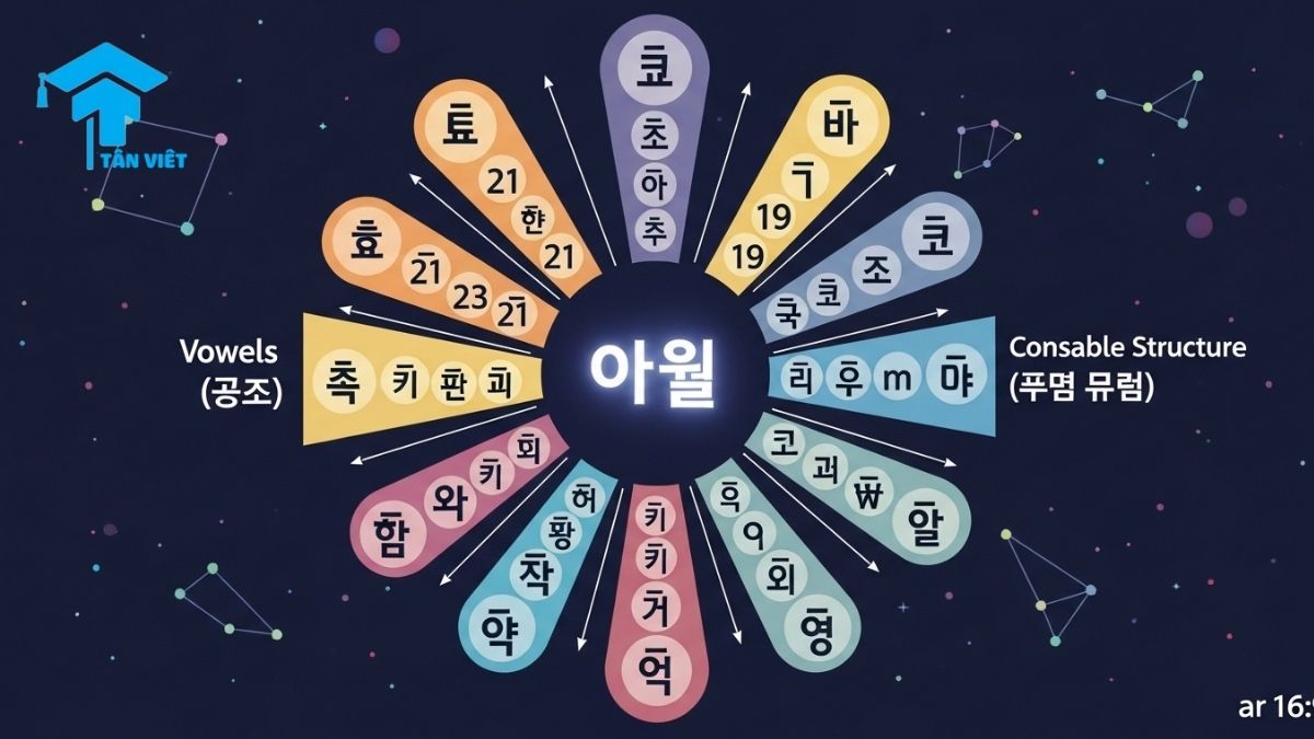 A complete infographic chart of the Korean alphabet, Hangeul. Shows all consonants and vowels in a visually engaging mind map, perfect for beginners learning to read and write Korean letters and practice pronunciation.