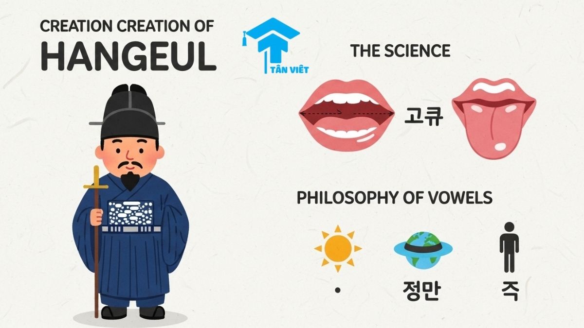 A historical infographic about the Korean alphabet, Hangeul. Features a cute illustration of King Sejong and explains the scientific principles behind the shapes of the consonants and vowels, making it easy to learn the Korean letters and their origins.
