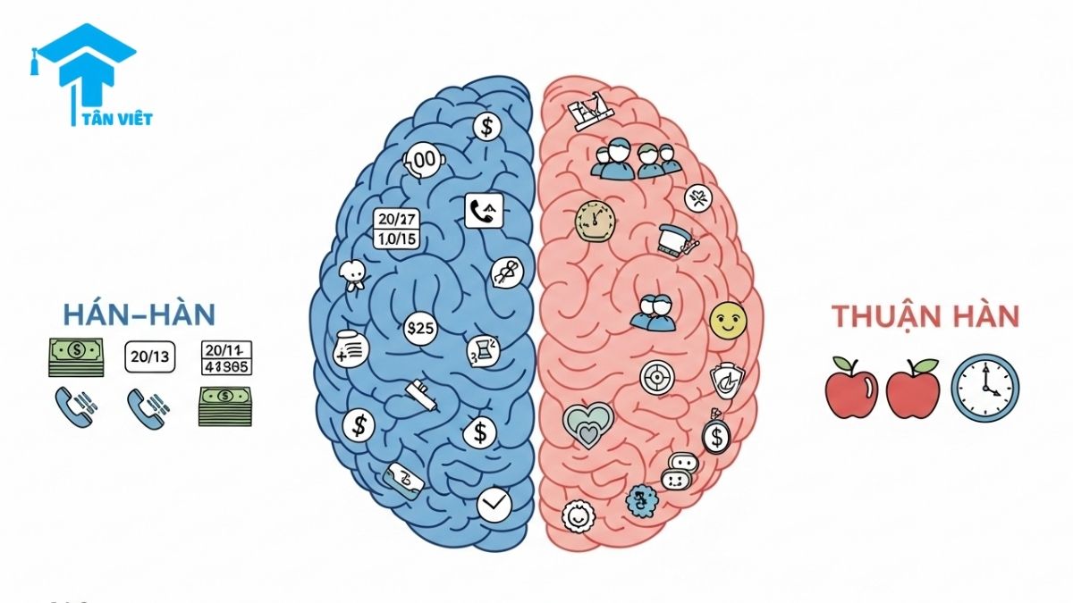 A conceptual illustration of a brain divided into two halves, explaining the use of Korean numbers. The left side (Hán Hàn) is for systematic concepts like money, and the right side (Thuần Hàn) is for everyday counting, like age and hours. A visual guide to learning Korean counters.
