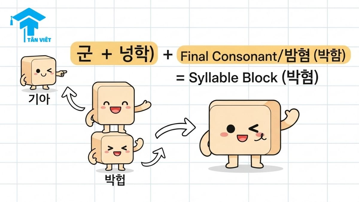 An infographic explaining how to build a Korean syllable block (Hangeul). It shows a consonant, vowel, and final consonant (patchim) combining to form a complete letter, helping learners understand Korean writing structure and how to read Korean.
