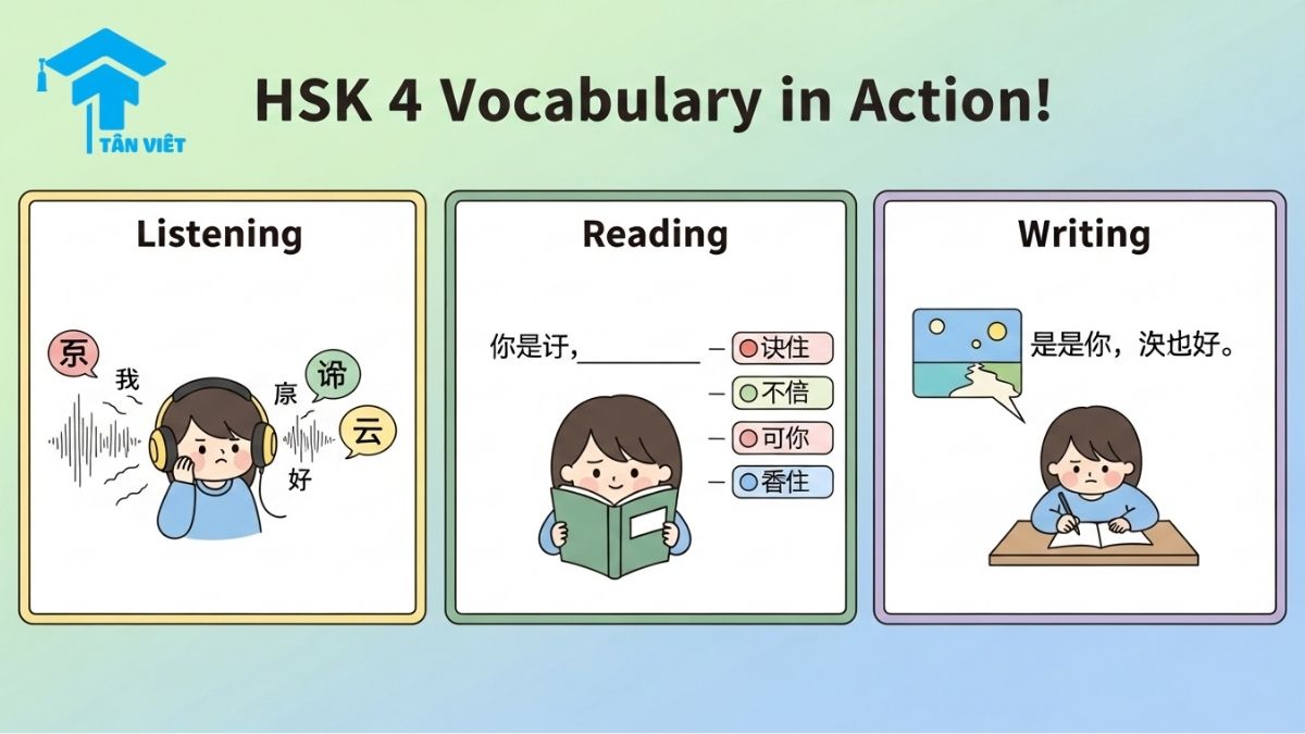 An infographic illustrating how HSK 4 vocabulary is used across the different sections of the exam: Listening, Reading, and Writing. This visual guide helps test-takers understand the practical application of Chinese words needed for the intermediate proficiency test.