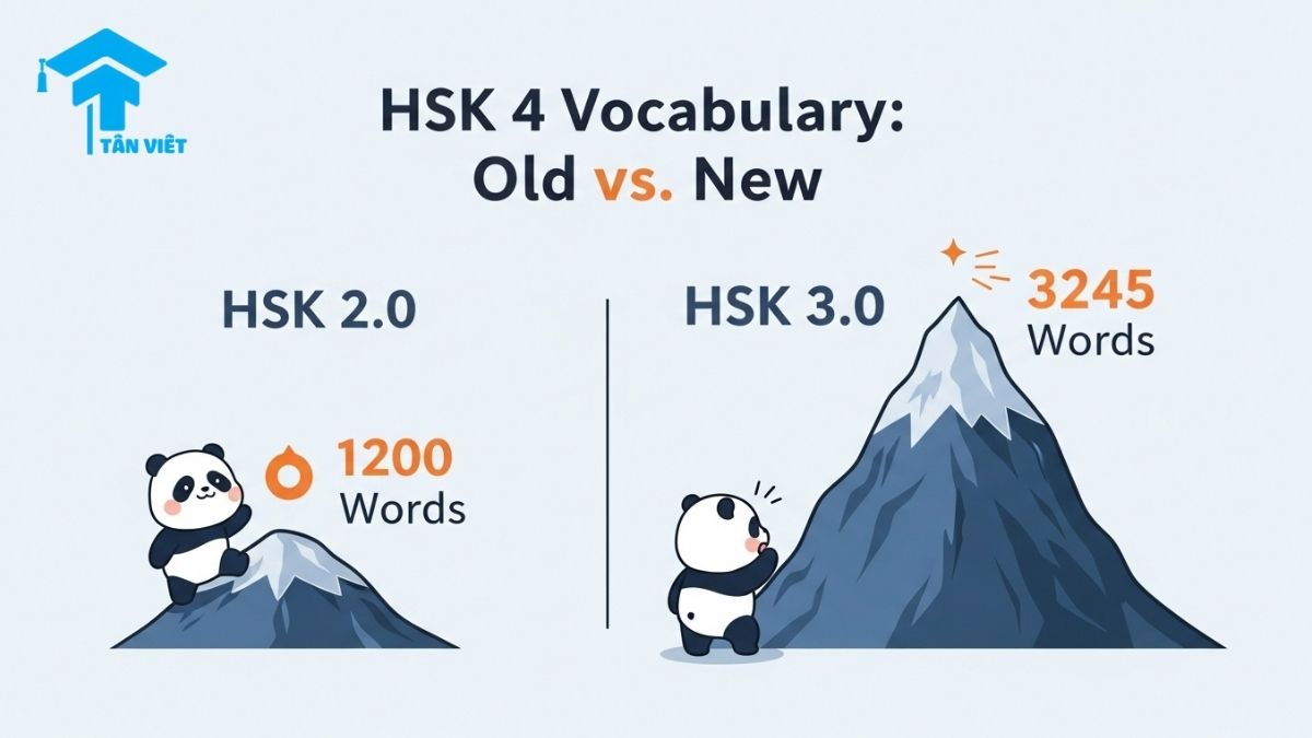 An infographic comparing the HSK 4 vocabulary requirements between the old HSK 2.0 (1200 words) and the new HSK 3.0 (3245 words). This visual guide helps intermediate Chinese learners understand the significant increase in the number of words needed to conquer the exam.