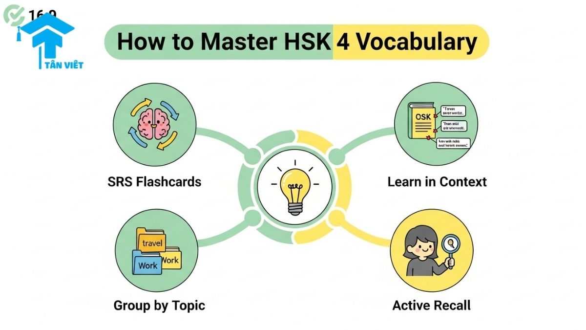 A helpful infographic showcasing effective learning strategies for HSK 4 vocabulary. It covers key methods like SRS flashcards, learning in context, and grouping words by topic, providing a study guide for intermediate Chinese language students aiming to conquer the HSK 4.
