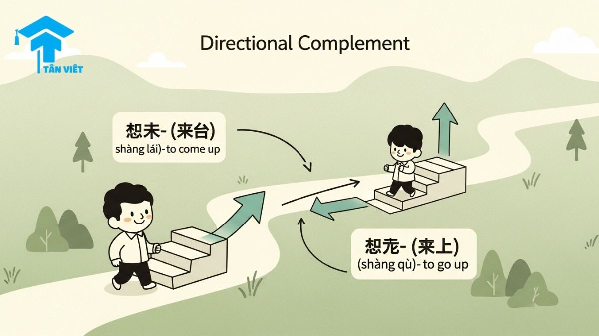 A visual guide to Chinese Directional Complements (趋向补语) using a cute map infographic. The image explains the difference between 'lái' (来) and 'qù' (去) to clarify movement direction, an essential part of Chinese grammar for understanding verbs and complements (补语 - bǔyǔ).