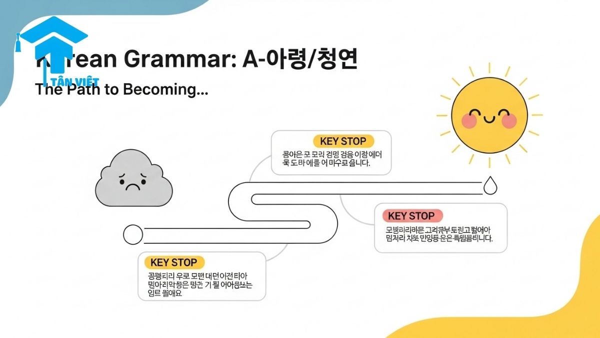 Ngữ pháp A-아/어지다: Toàn tập cách dùng 'trở nên' & Phân biệt A-Z 2 Infographic explaining the Korean grammar A-아/어지다, visualizing the 'change of state' concept with a cute illustration of a sad cloud becoming a happy sun. This guide covers the rules for using this grammar to say 'to become', helping learners understand how to conjugate Korean adjectives.