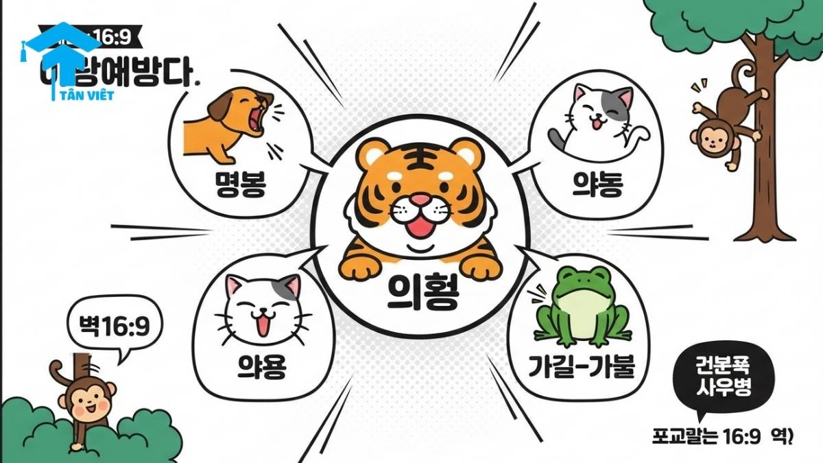 150+ Từ Vựng Tiếng Hàn Về Động Vật (Kèm Phiên Âm & Thành Ngữ) 3 A creative infographic about Korean culture featuring animal sounds and proverbs. It shows a central tiger roaring '어흥 (eoheung)', with other animals making sounds like '멍멍 (meongmeong)' for a dog and '야옹 (yaong)' for a cat. Also illustrates the Korean proverb 'Even monkeys fall from trees' to teach cultural nuances beyond basic vocabulary.