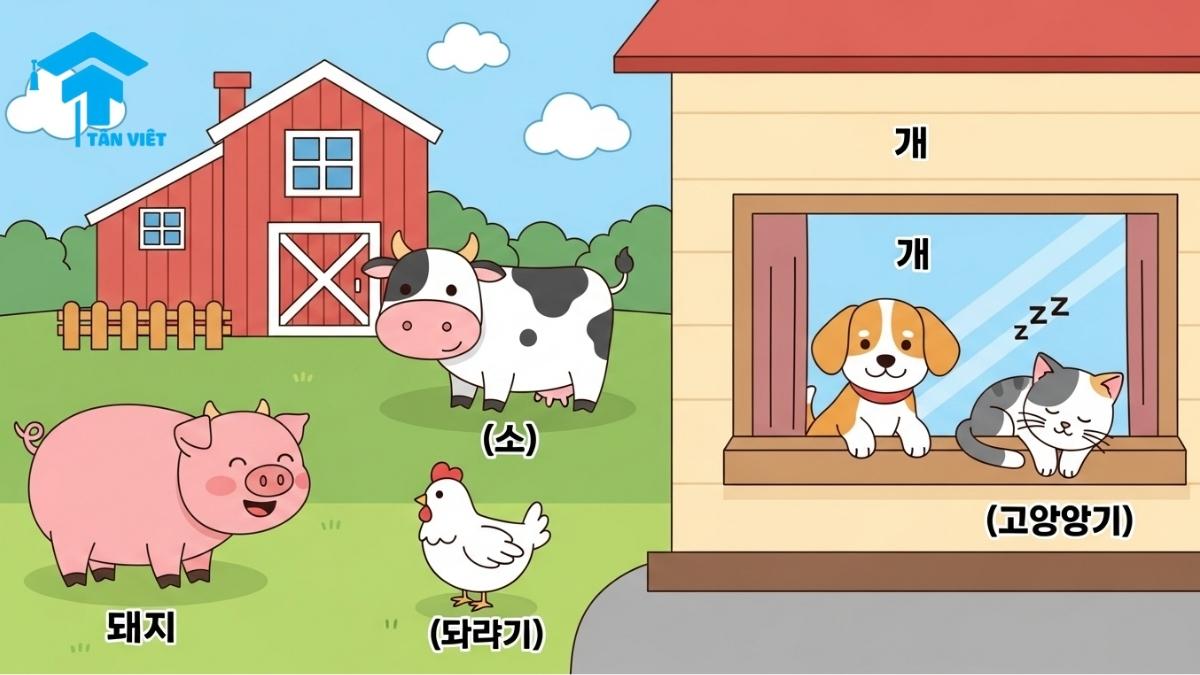 150+ Từ Vựng Tiếng Hàn Về Động Vật (Kèm Phiên Âm & Thành Ngữ) 1 A cute infographic showing Korean vocabulary for common animals. Features cute illustrations of a dog (개 - gae) and cat (고양이 - goyangi) in a home, and a pig (돼지 - dwaeji), cow (소 - so), and chicken (닭 - dak) on a farm, with their names in Hangul and romanization. A helpful visual to learn basic Korean words for animals.