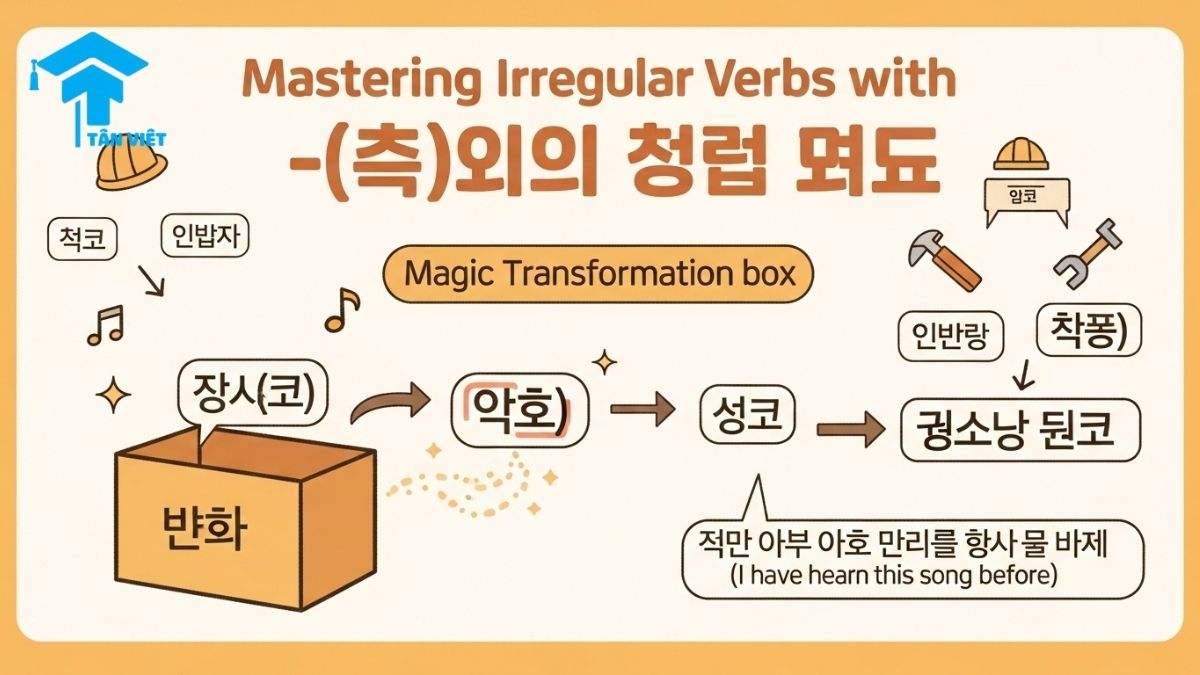Ngữ pháp V-(으)ㄴ 적이 있다/없다: Toàn Tập Cách Nói "Đã Từng/Chưa Từng" 3 A helpful infographic demonstrating how to conjugate Korean irregular verbs with the V-(으)ㄴ 적이 있다 grammar. It visually explains the transformation of 'ㄷ' to 'ㄹ' using the verb 듣다 (to hear) as an example, showing the correct form '들은 적이 있어요' for learners.