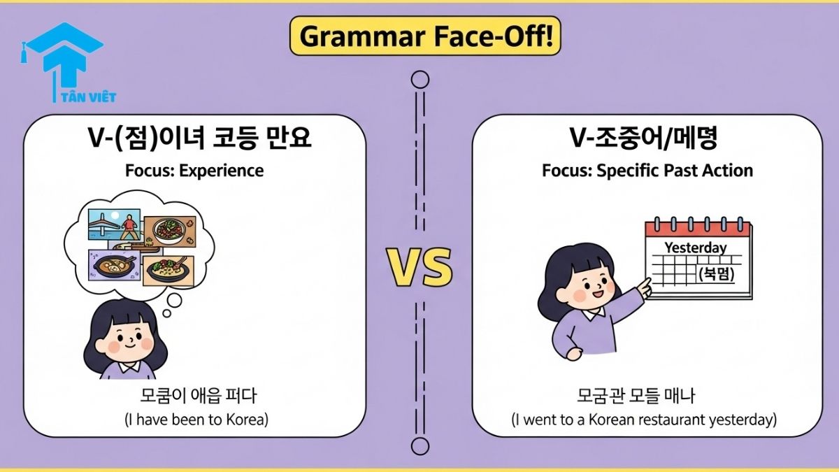 Ngữ pháp V-(으)ㄴ 적이 있다/없다: Toàn Tập Cách Nói "Đã Từng/Chưa Từng" 2 An infographic comparing the Korean grammar V-(으)ㄴ 적이 있다 (for experience) versus V-았/었다 (for a specific past action). The image clearly shows the difference in focus, helping learners distinguish between saying 'I have been to Korea' and 'I went to a Korean restaurant yesterday'