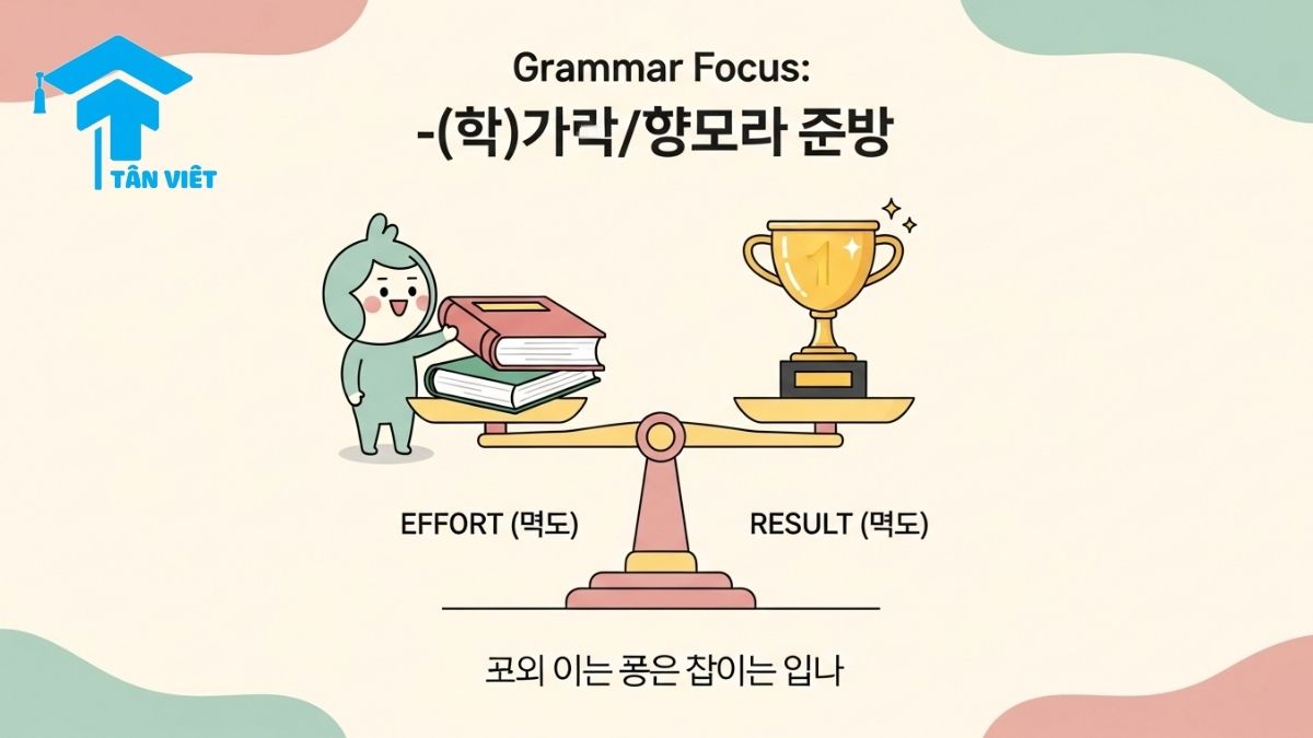 Ngữ pháp -(으)ㄴ/는/(으)ㄹ 만큼: Toàn tập cách dùng "như", "đến mức" & "vì" 2 Infographic explaining the Korean grammar -(으)ㄴ/는 만큼 with a cute character balancing 'effort' and 'result' on a scale to show proportionality and degree in language learning.