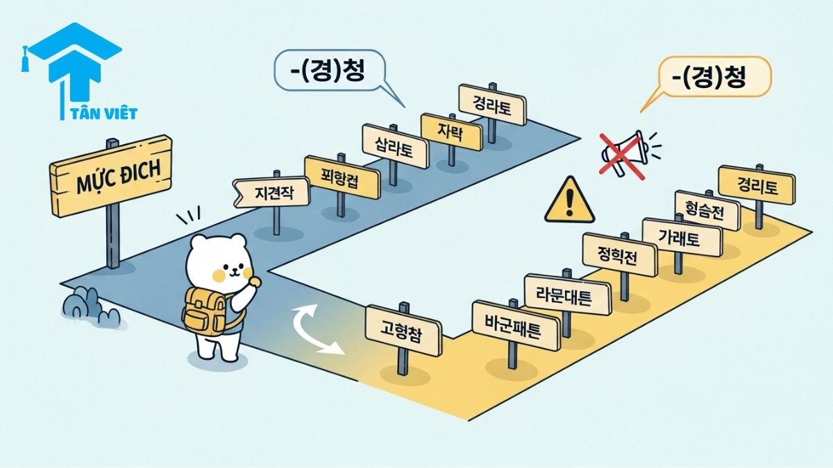 Infographic comparing the Korean grammar for purpose, V-(으)려고 vs V-(으)러. A character chooses between two paths, one for motion verbs with -(으)러 and one for all verbs with -(으)려고. Keywords: Korean grammar purpose, -(으)려고 vs -(으)러 difference, how to use -(으)려고, Korean intention grammar.