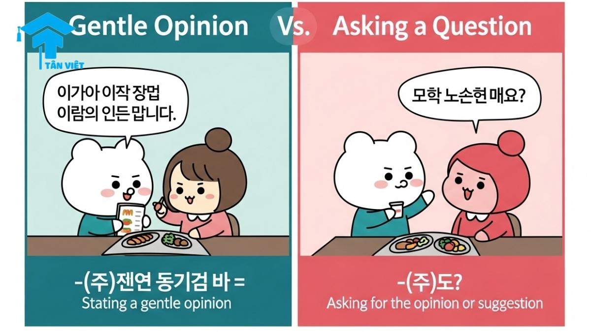 Ngữ pháp -(으)ㄴ/는/(으)ㄹ 것 같다: Toàn Tập Cách Nói "Hình Như, Có Vẻ Như" 3 An infographic comparing the Korean grammar endings -(으)ㄹ 것 같아요 and -(으)ㄹ까요?. It uses a cute comic to illustrate the difference between stating a gentle opinion ('I think...') and asking for a suggestion ('Shall we...?'), clarifying their use in conversation