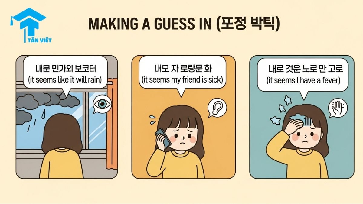 Ngữ pháp -(으)ㄴ/는/(으)ㄹ 것 같다: Toàn Tập Cách Nói "Hình Như, Có Vẻ Như" 2 An infographic with cute illustrations showing how the Korean grammar -(으)ㄴ/는/(으)ㄹ 것 같다 is used to make a guess based on evidence. Examples include guessing rain from clouds (seeing), sickness from a phone call (hearing), and a fever from touch (feeling).